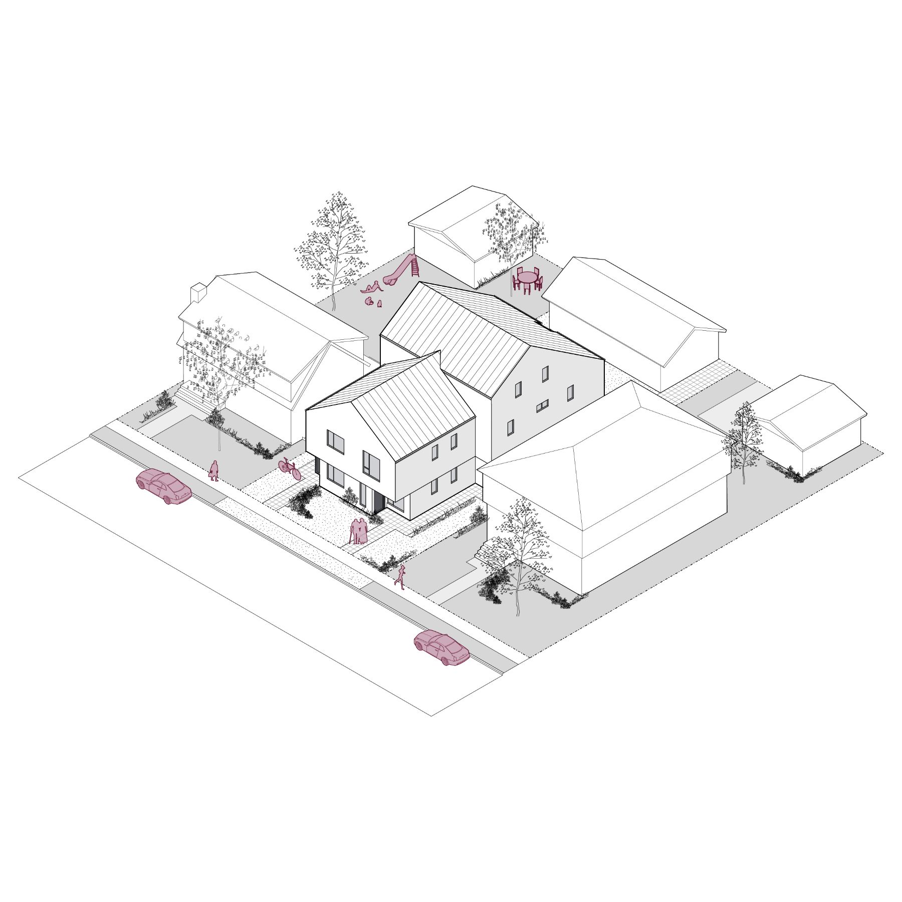 Rendu filaire 3D du sixplex 01, d’une superficie de 2 060 pieds carrés. L’image montre l'immeuble de trois étages dans un environnement de banlieue avec un aménagement paysager, des habitations à proximité et des trottoirs. L'immeuble comprend six logements distincts, chacun doté de sa propre entrée.